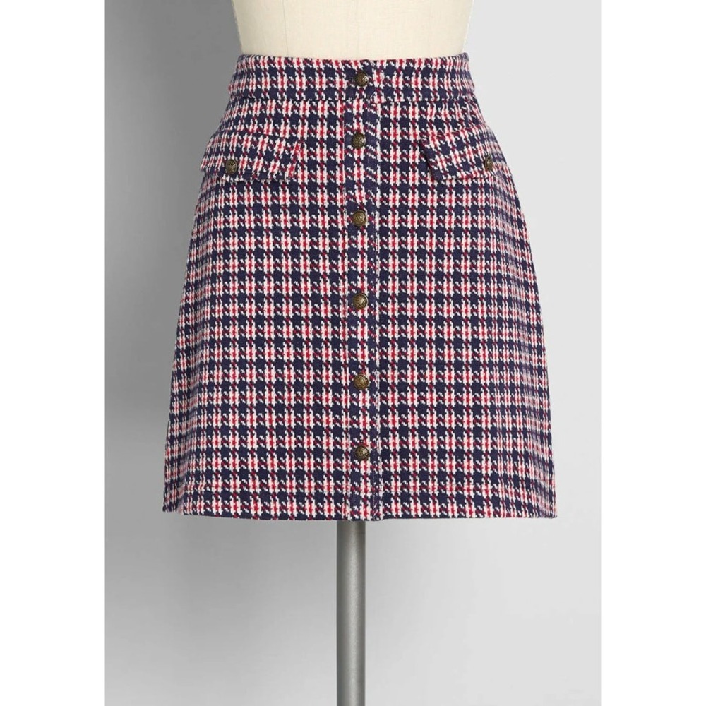 ModCloth Hot Button Issue A-Line‎ Skirt M Red Blue Houndstooth Academia Geek NEW
